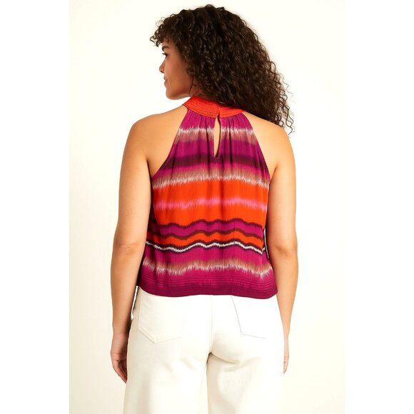 Ashley Stewart Sleeveless Ruffle Halter Blouse In Pink Orange Ikat Stripe Print - Picture 4 of 7